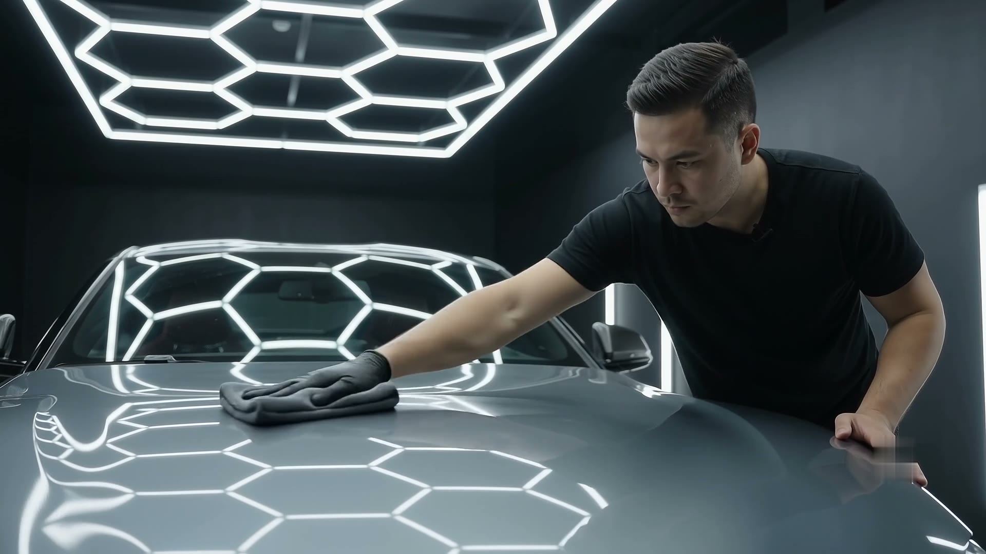 A technician applying paint protection film to a car